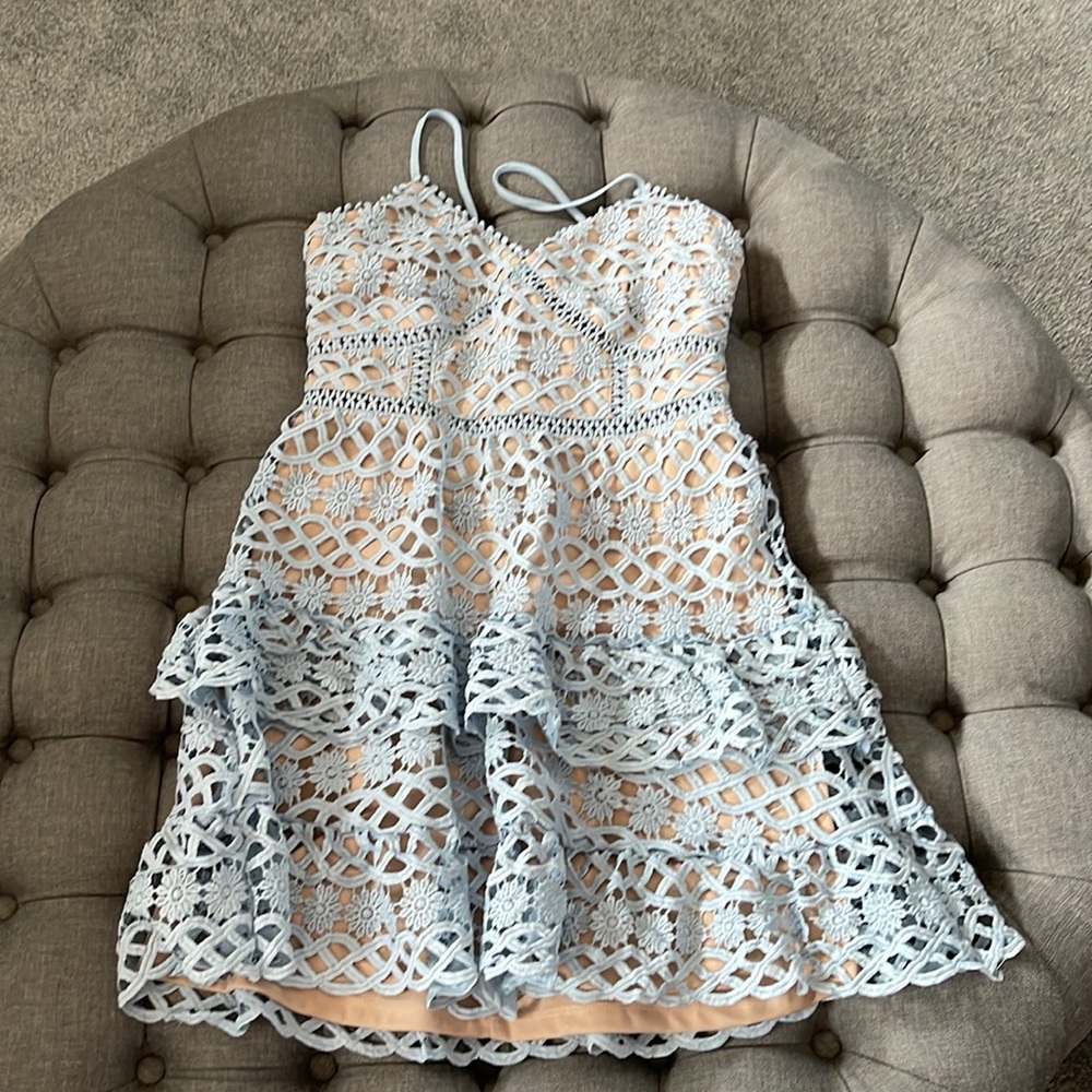 Lulu’s pastel blue lace dress.